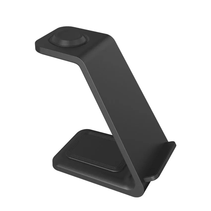 White 3-in-1 wireless charger phone stand with upright design and dual coil charging surface