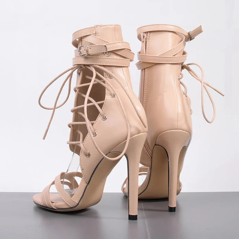 Bandage sandals in apricot with adjustable straps, artificial PU upper, and rubber sole for women