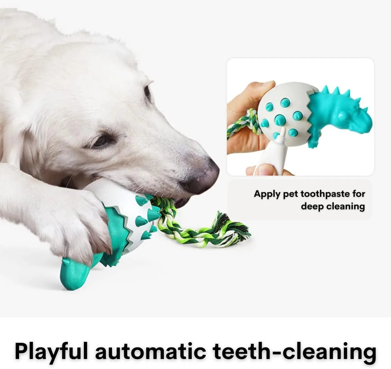 Blue durable dinosaur-shaped dog chew toy with rope for aggressive chewers