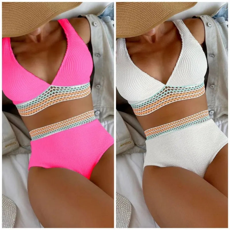 Women's high waist solid colour bikini swimsuit set in pink or white.