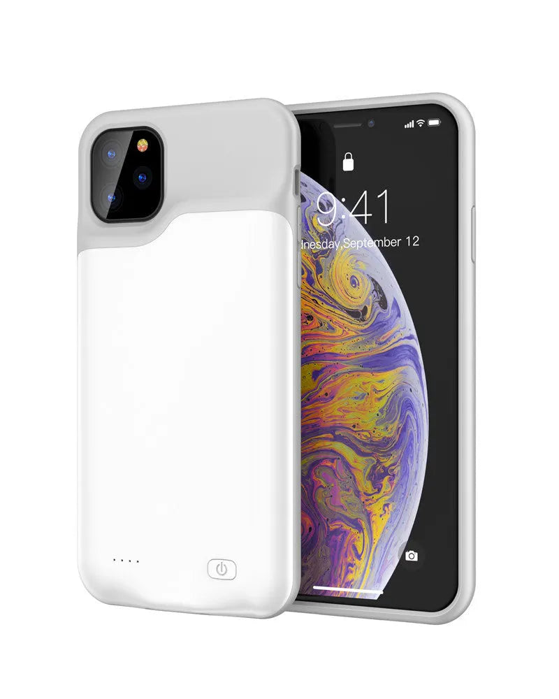 Shockproof silicone iPhone charging case with extended battery in black, blue, pink or white colours