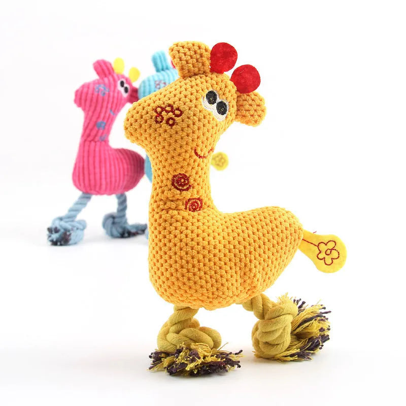 Deer-shaped plush pet toy with corn grain texture in blue, pink and yellow colour options