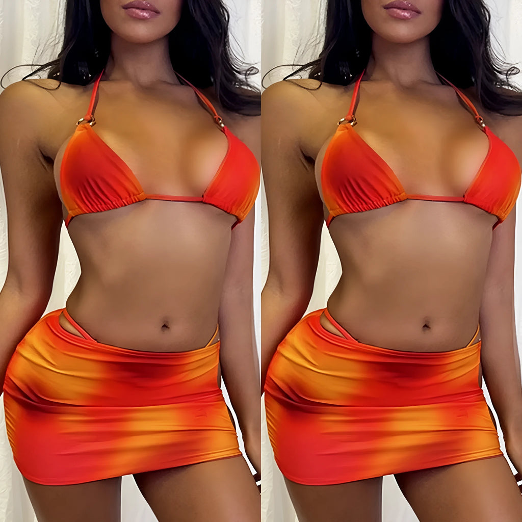 Tie-dye halter bikini three-piece set with solid colour gradient pattern