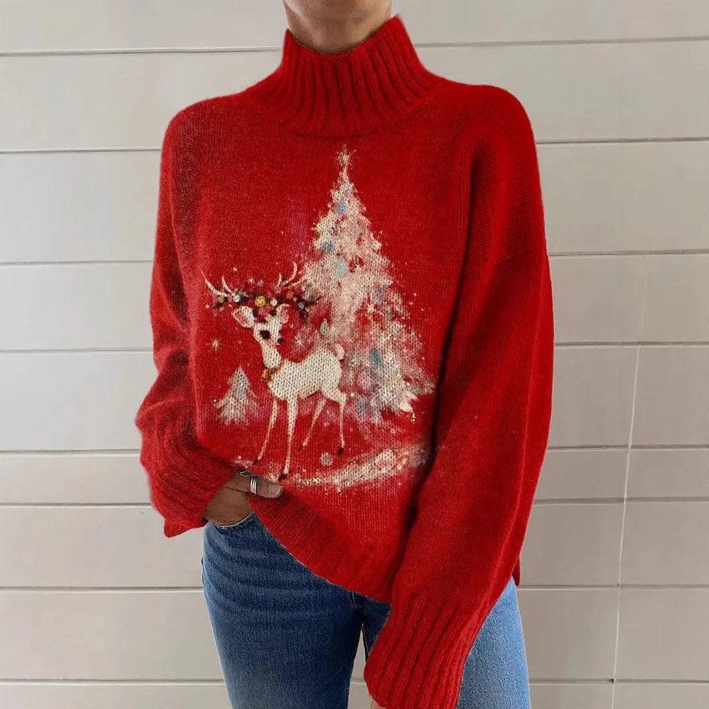 Women's loose fit printed turtleneck sweater in a macaron colour with a painting pattern design.