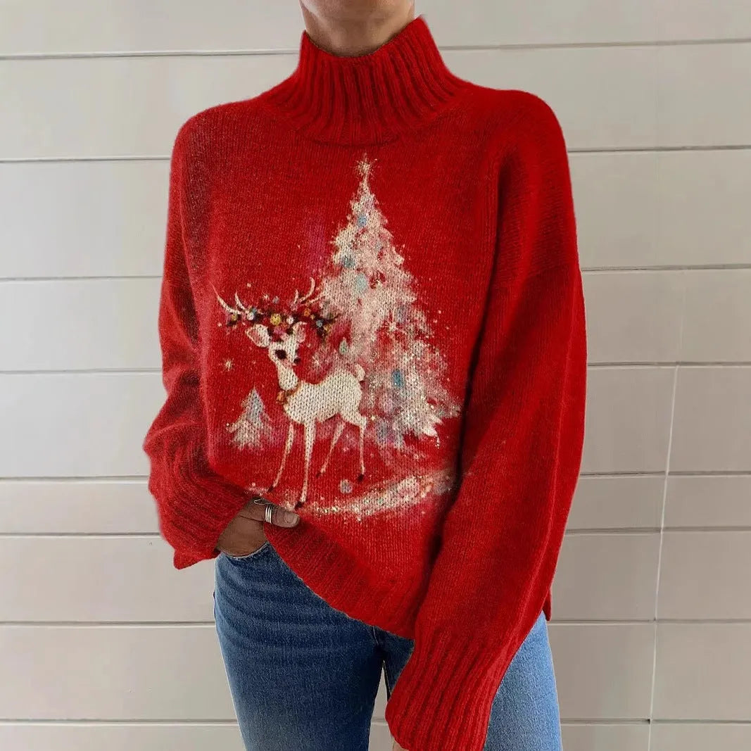 Women's loose fit printed turtleneck sweater in a macaron colour with a painting pattern design.