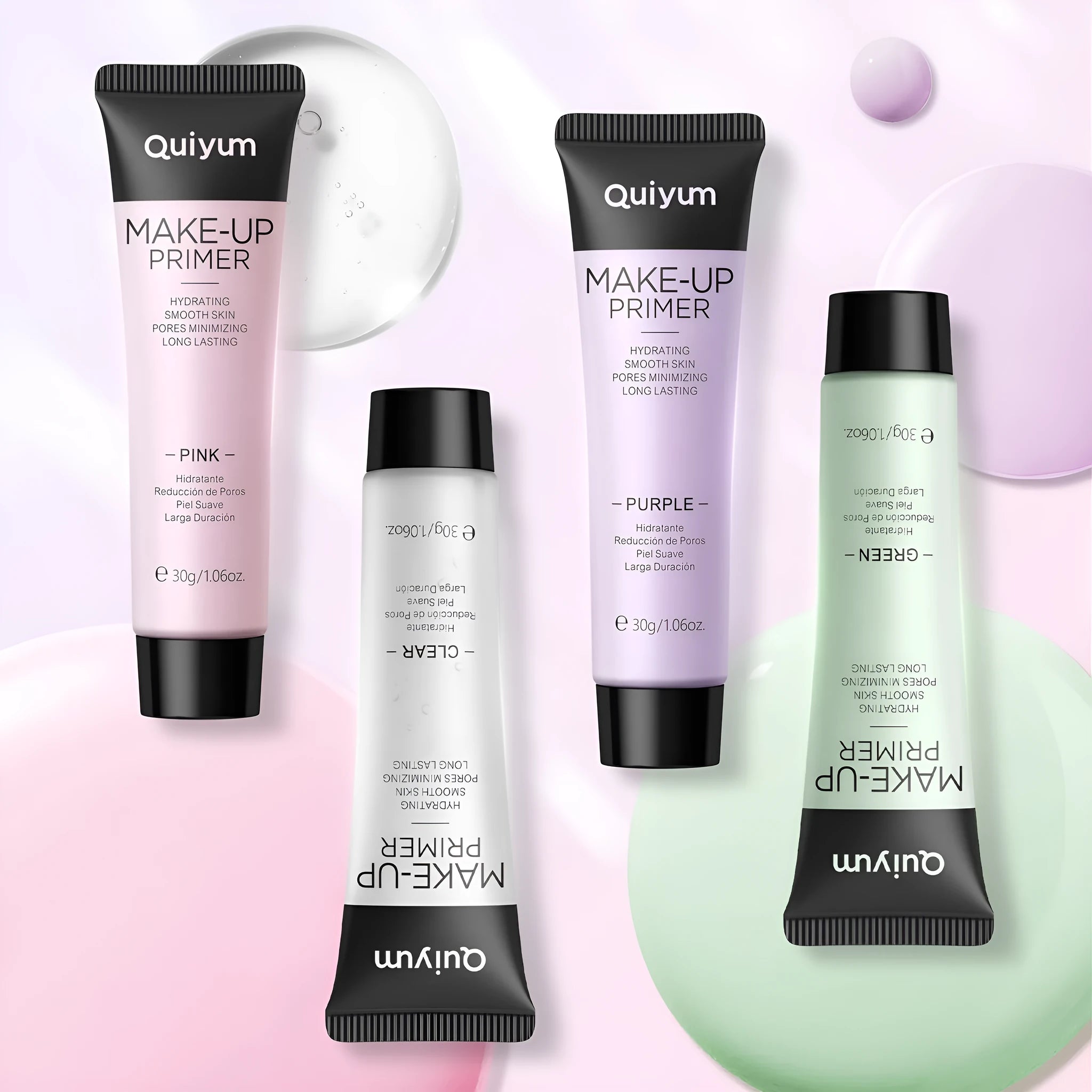 30g tube of colour correcting makeup primer showing green, pink, and purple shades