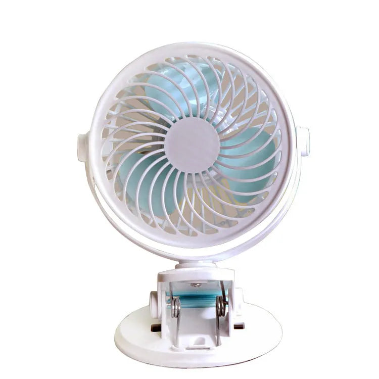 USB-powered desk fan with clip and floor positioning options, showing compact 19cm design