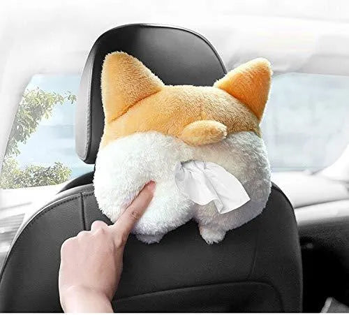 Yellow soft corgi butt-shaped tissue box cover with elastic strap for car sun visor