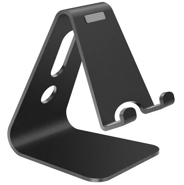 Aluminium alloy universal phone and tablet holder stand in silver, shown holding a smartphone at an angle.
