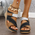 Women's black and red platform wedge slippers with Velcro strap and fish mouth toe design