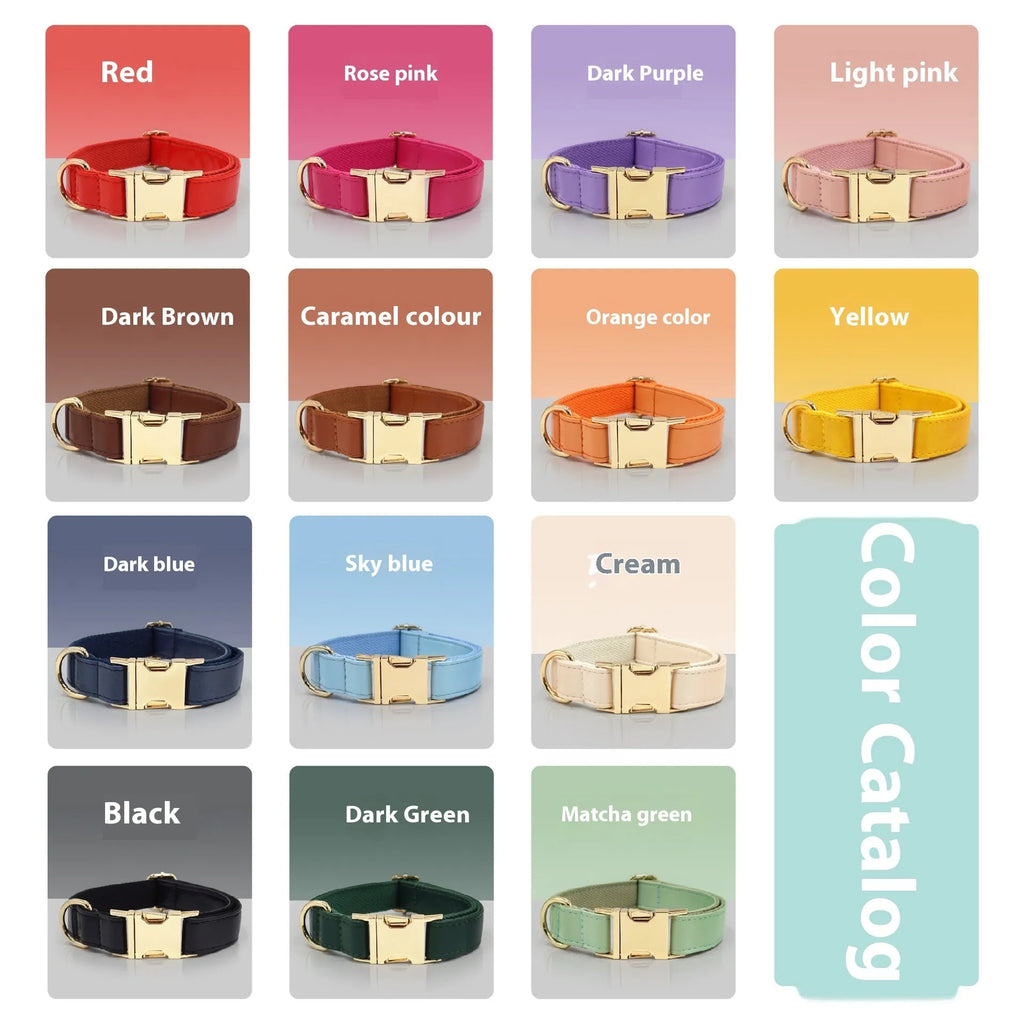 Leather Velvet-style dog collar shown in multiple colour options including caramel, dark blue, and dark brown.
