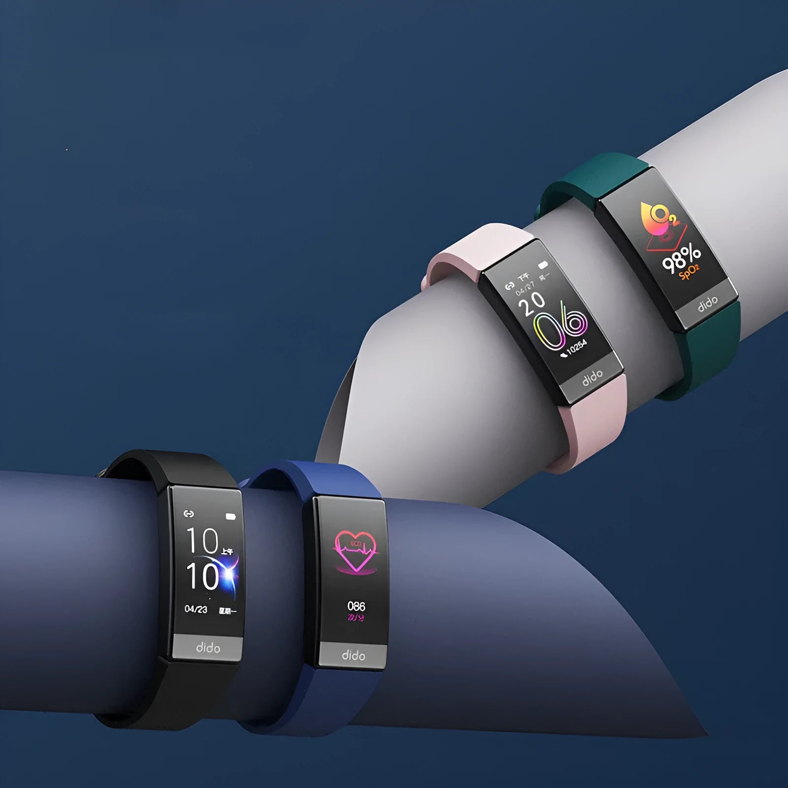 Y6 Black smart bracelet with health monitoring on a wrist, showing the 1.1-inch touchscreen.