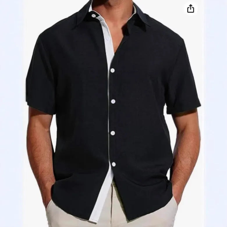 Man wearing a short sleeve floral print shirt in cardigan style, suitable for summer.