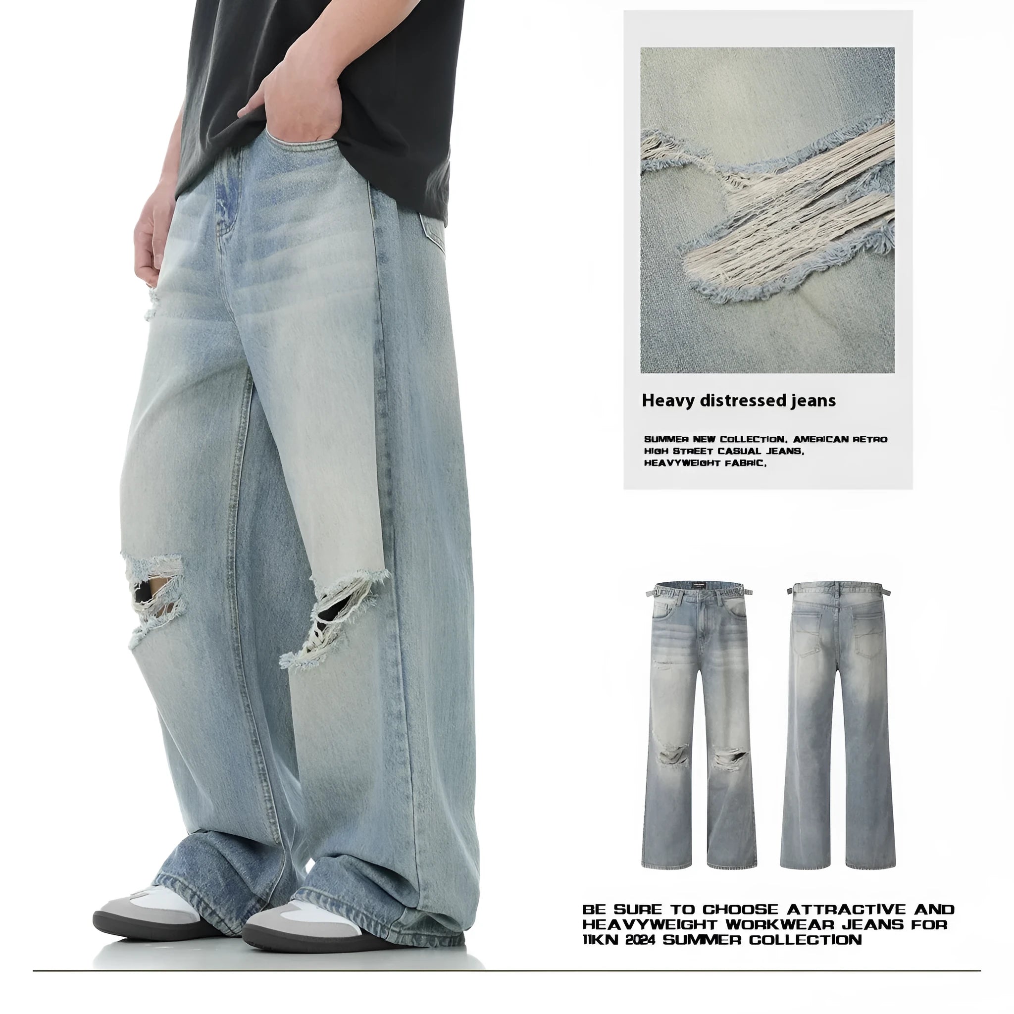 Men's blue straight leg jeans with ripped detailing on a cotton blend fabric.