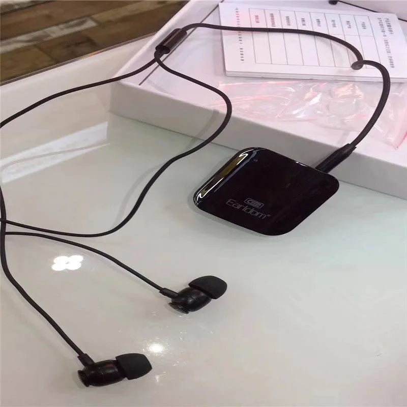 Black Bluetooth audio receiver with lavalier headset for wireless running headphones