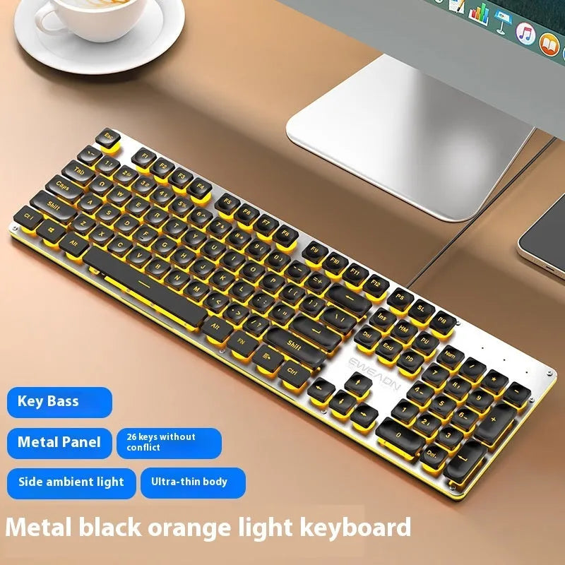 Mute mechanical keyboard with LED lighting and matching wired mouse in silver white blue colour combination