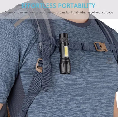 Black aluminium alloy telescopic LED flashlight with adjustable zoom focus and pocket clip