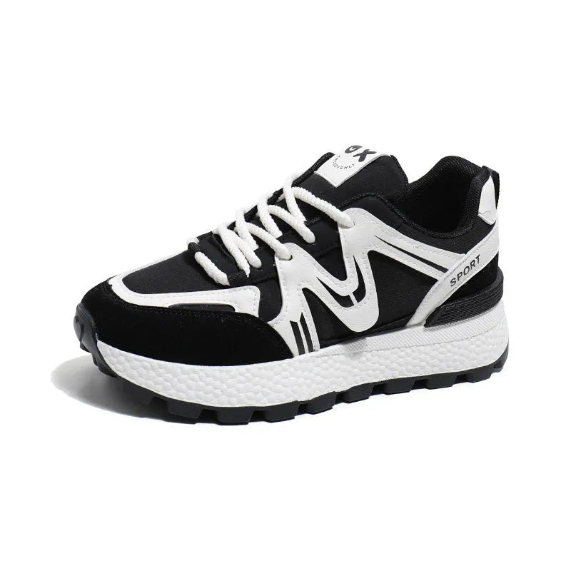 Women's black platform sports casual shoes with round toe and front lace-up design