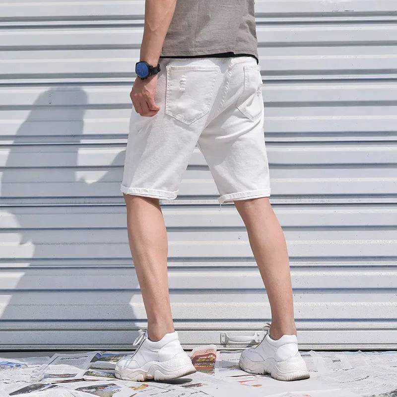 Men's Korean-style straight loose fit cotton denim shorts in black, five-point length, mid-waist, washed finish