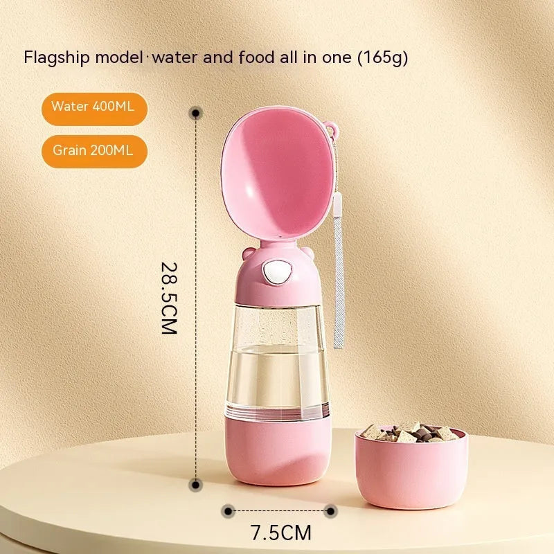 Portable dog water bottle and food container with integrated drinking bowl for pet travel