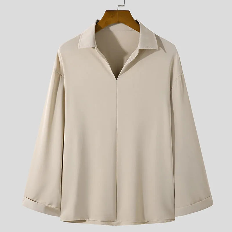 Men's loose lapels casual shirt in polyester blend fabric showing non-ironing construction and pullover style