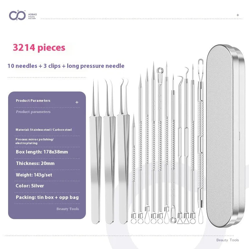 Four silver metal acne needles with fine pointed tips laid out on a flat surface.