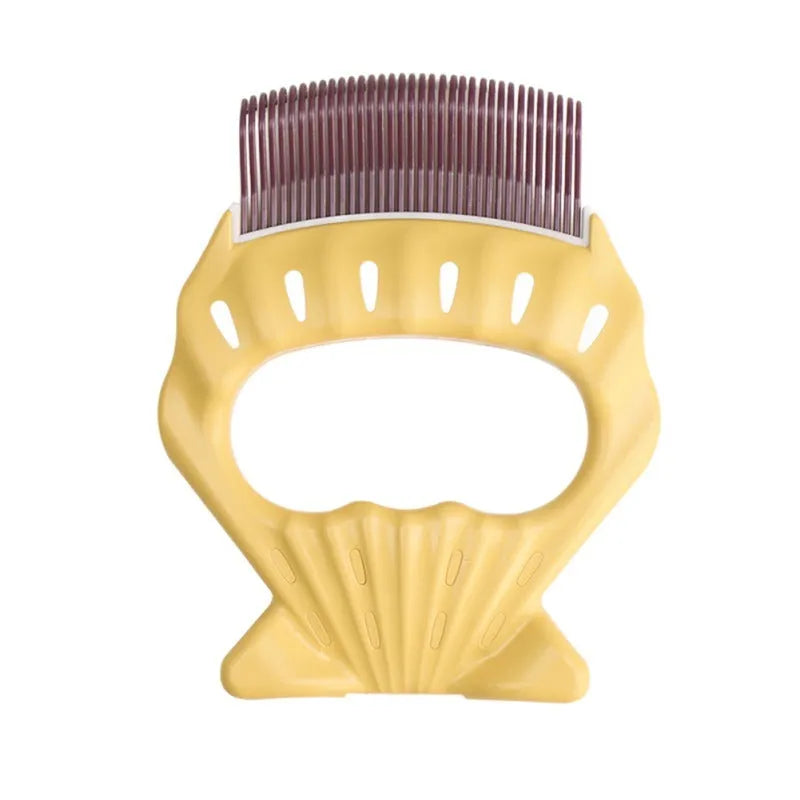 Shell-shaped pet grooming brush with bent wire bristles and anti-slip handle in green, orange, or purple colours