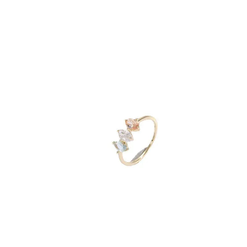 Geometric triangle ring with horse eye design and tricolour zircon stones in gold electroplated finish
