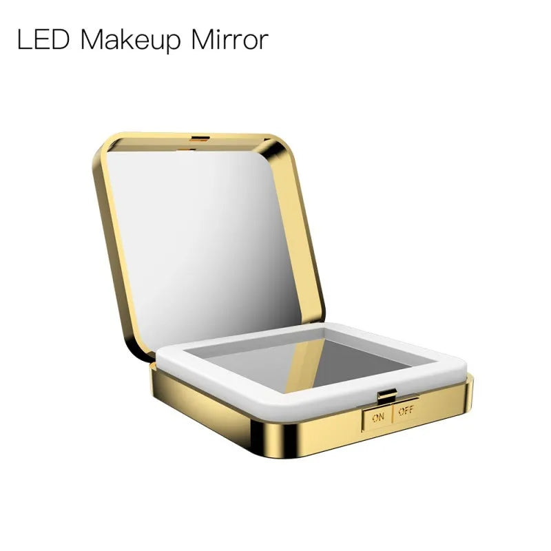 Black and white lighted makeup mirror with 4x magnification lens and adjustable LED lighting