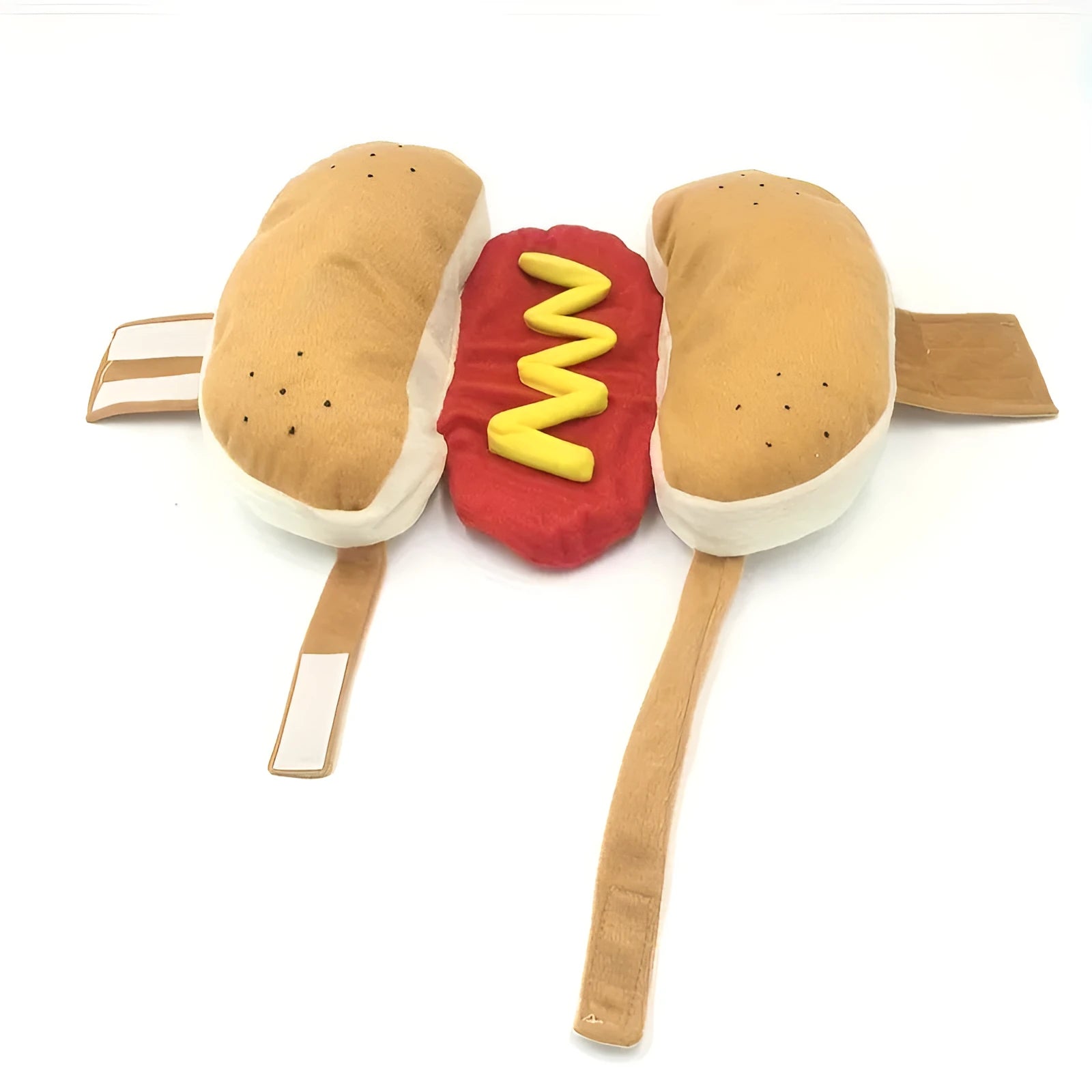 Red and brown hot dog costume on a Dachshund dog, showing the stuffed design and long body fit.