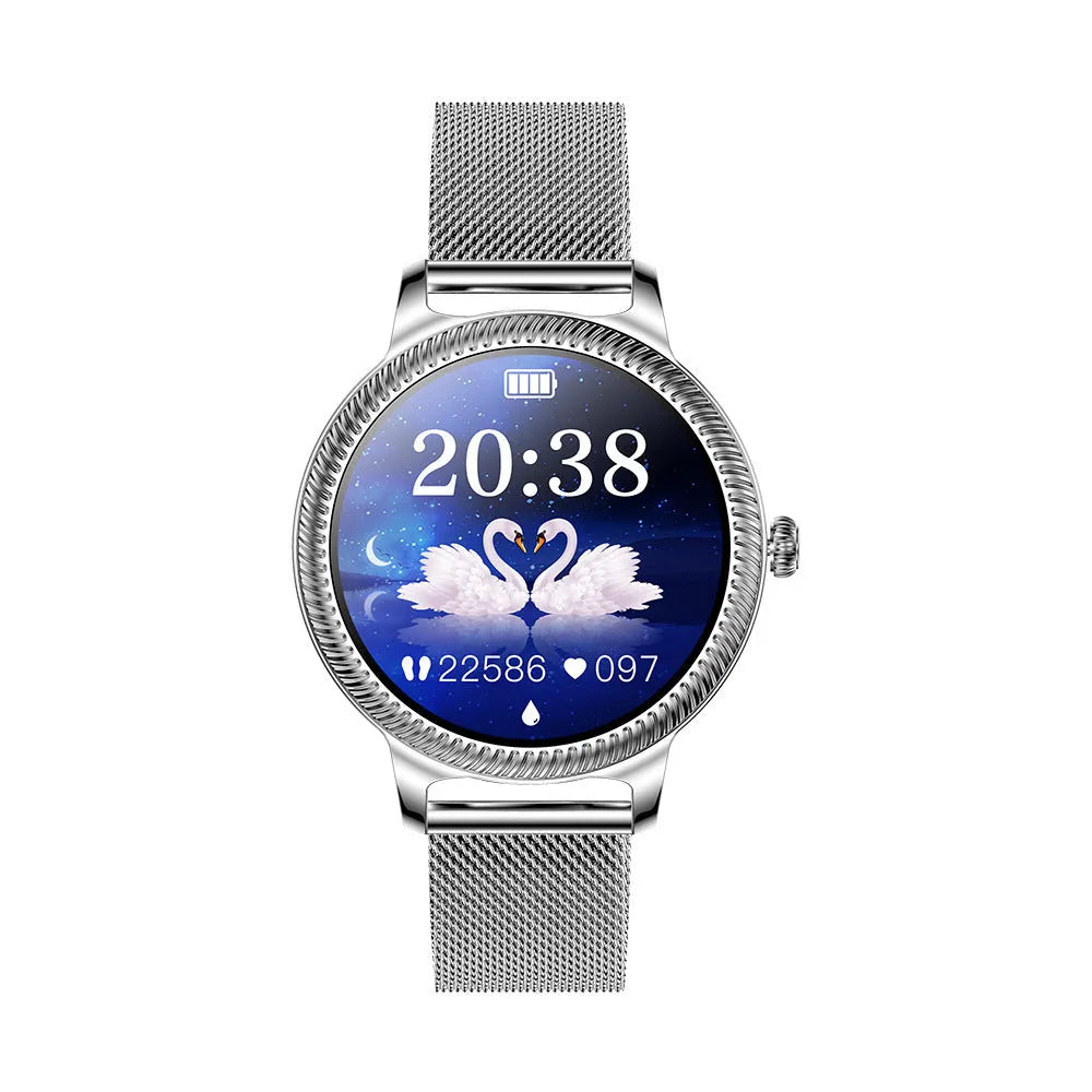 AK38 ladies smart watch with stainless steel Milanese band and 1.09-inch colour screen.