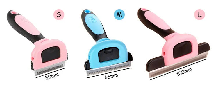 Pet hair removal comb for long straight hair, available in blue or pink, three sizes: S 130x50mm, M 130x66mm, L 130x100mm