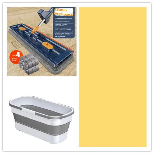 Large flat mop with long stainless steel handle and blue/white cloths on a hard floor.