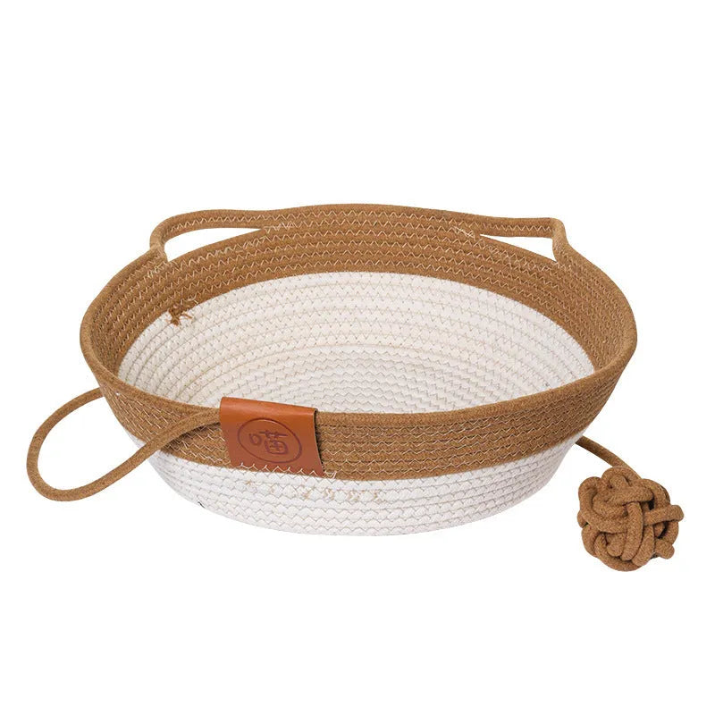 Grey woven cloth cat nest mat with cotton string stitching shown in a cat bed