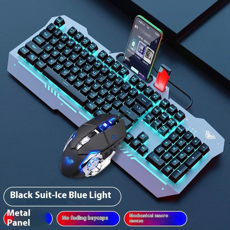 Black and white wired mechanical-feeling keyboard mouse headset bundles with RGB or blue backlighting
