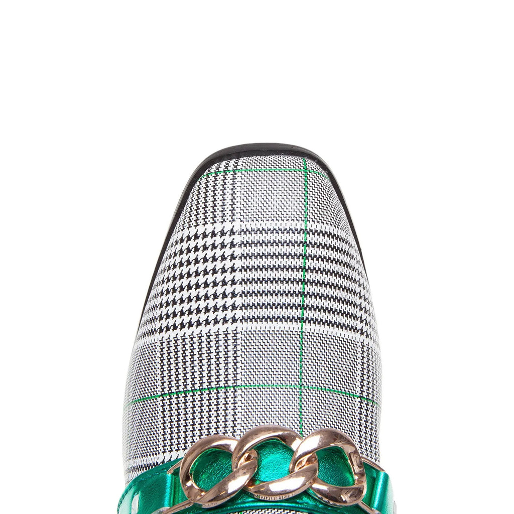 Women's metal decorative square toe slip-on shoes in green artificial PU with colour-matched metal detail