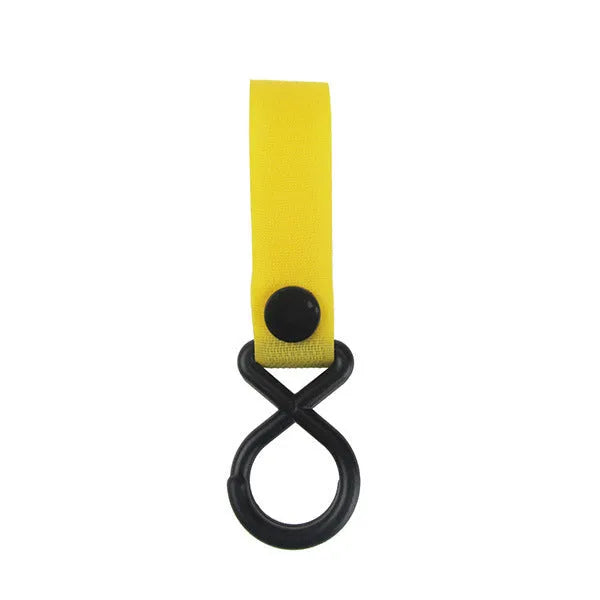 A selection of luggage Velcro hooks in various colours including red, blue, green, and yellow on a white background