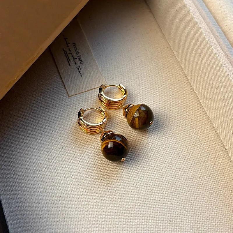 Gold-plated tigereye geometric earrings in French retro style with round elements