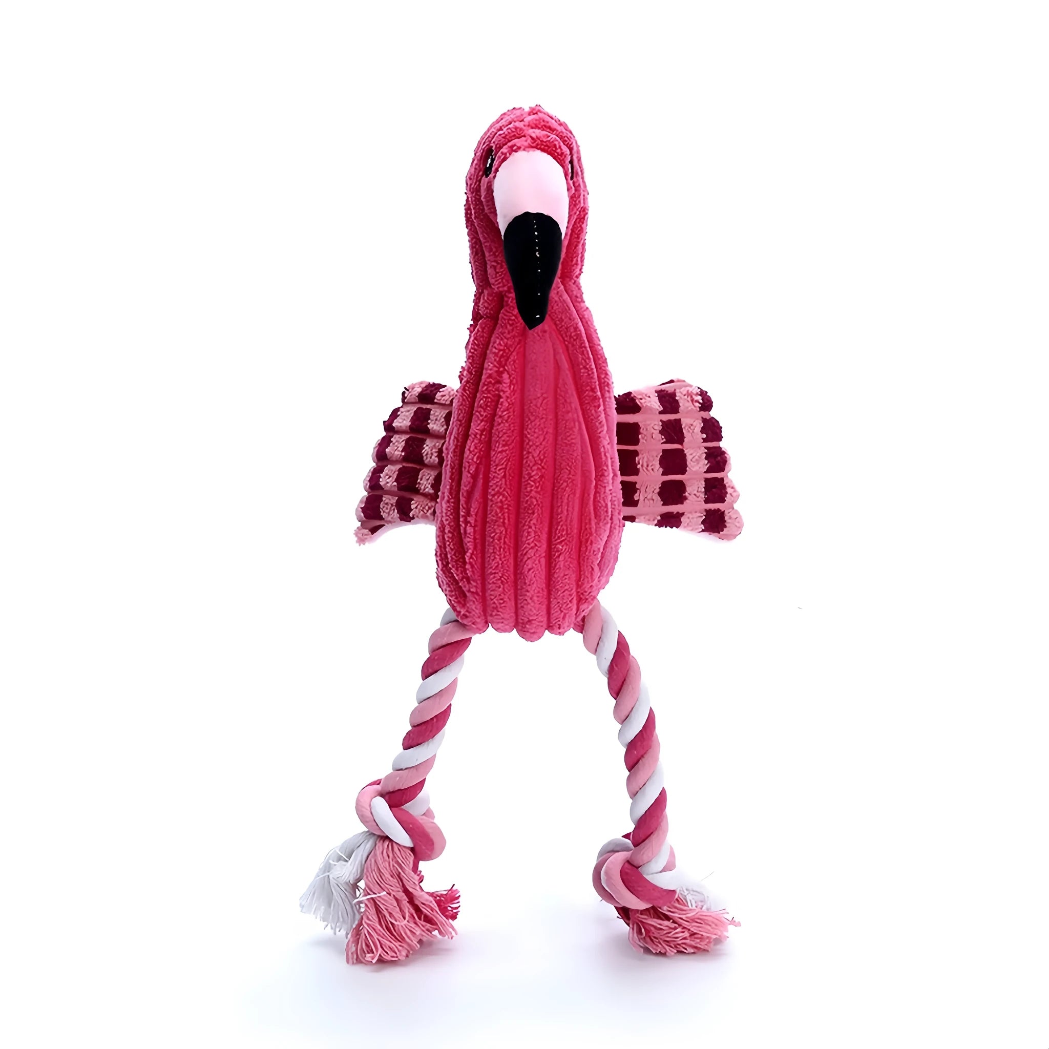 Pink animal-shaped corduroy plush dog toy with a squeaker.