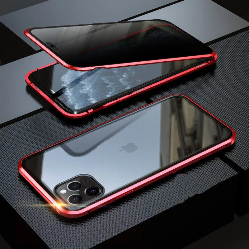 Black glass anti-spy clamshell privacy case for iPhone, shown open and closed.