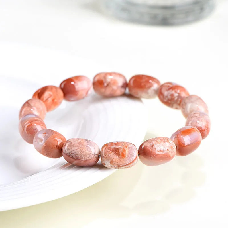 Natural cherry agate barrel bead bracelet with Ruyi pattern geometric design