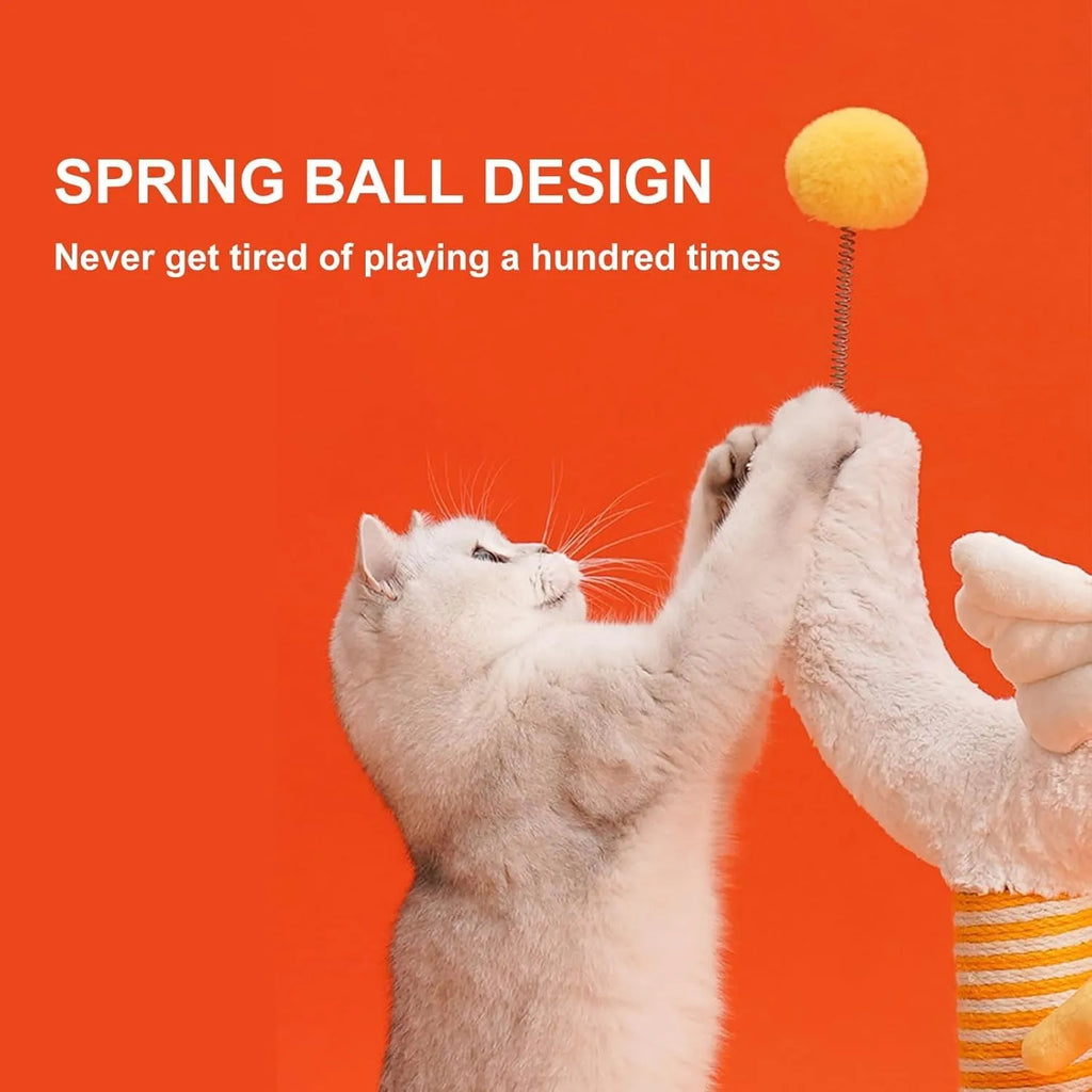 Tall yellow vertical cat scratching post with sisal rope and a spring ball toy.