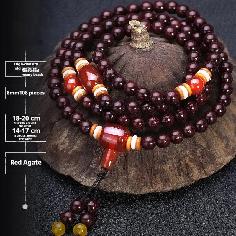 Men's traditional rosewood bracelet with 108 beads, showing lapis lazuli and turquoise accent styles.