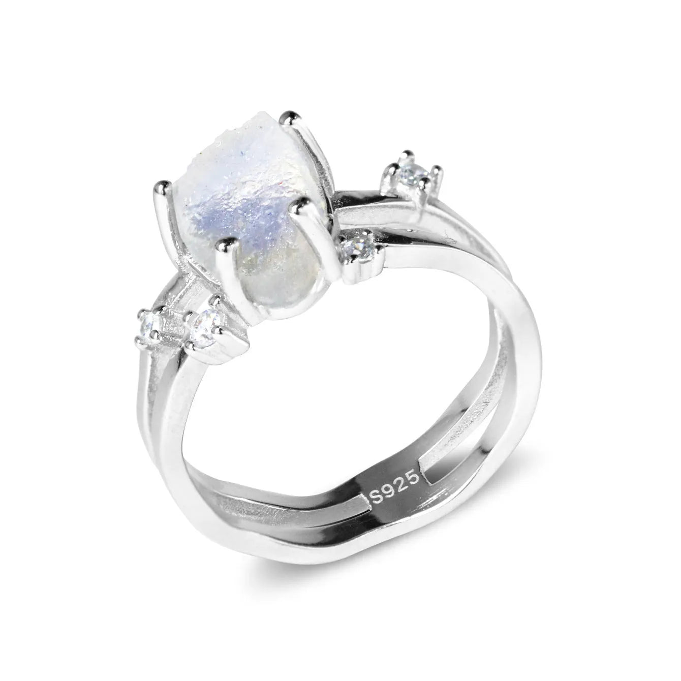 S925 sterling silver ring with irregular triangle shape holding a moonstone, shown in rose gold electroplated finish.