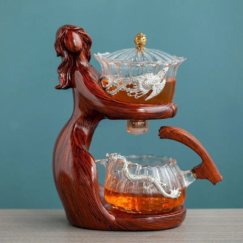 Maid semi-automatic tea set with borosilicate glass teapot, stainless steel filter, and Chinese-style woman sculpture base