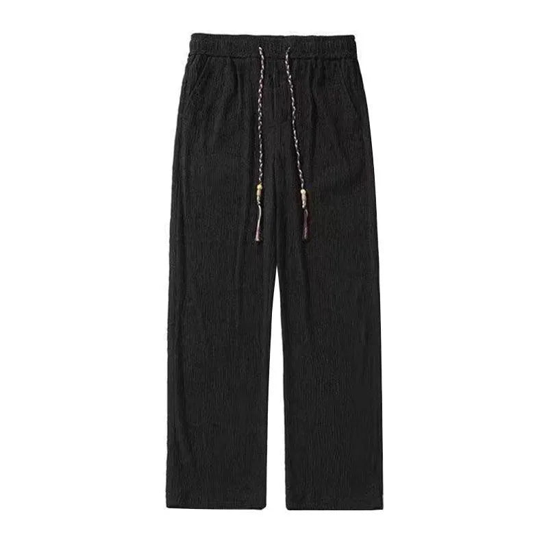 Men's thin loose straight trousers with Korean style folding craft in black and white options