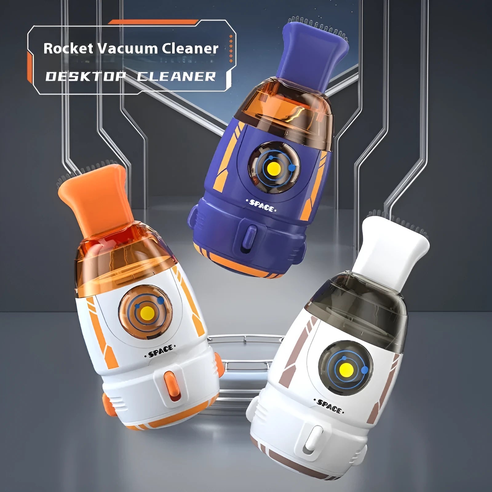Handheld USB rechargeable desktop vacuum cleaner in a choice of rocket or animal designs on a desk.