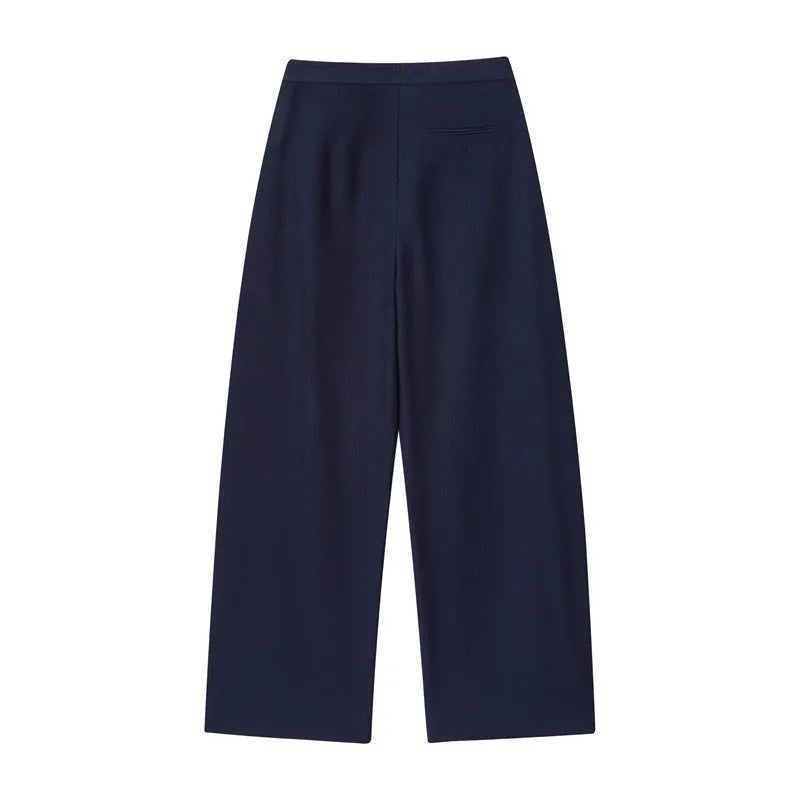 Women's linen blend office set with off-neck collar shirt and wide leg trousers