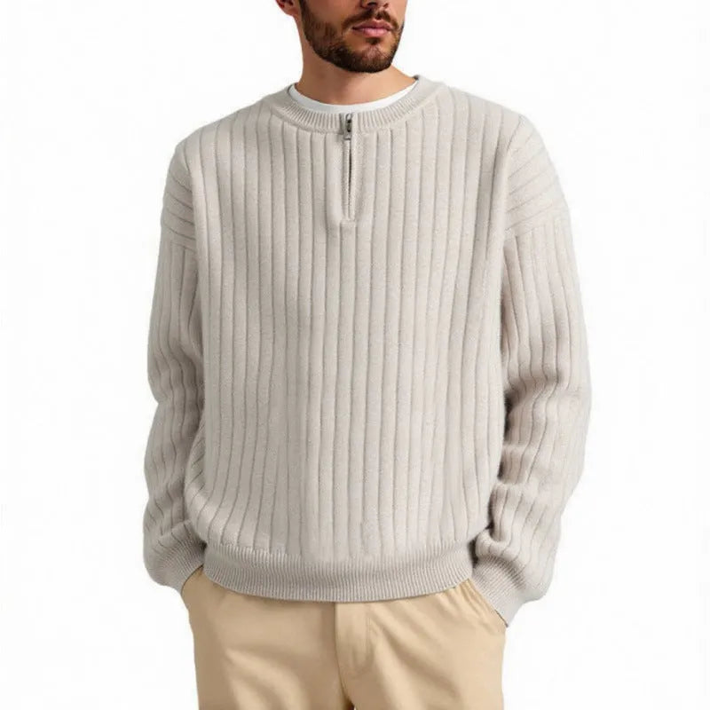 Men's grey half-zip texture knit sweater with loose fit and long sleeves