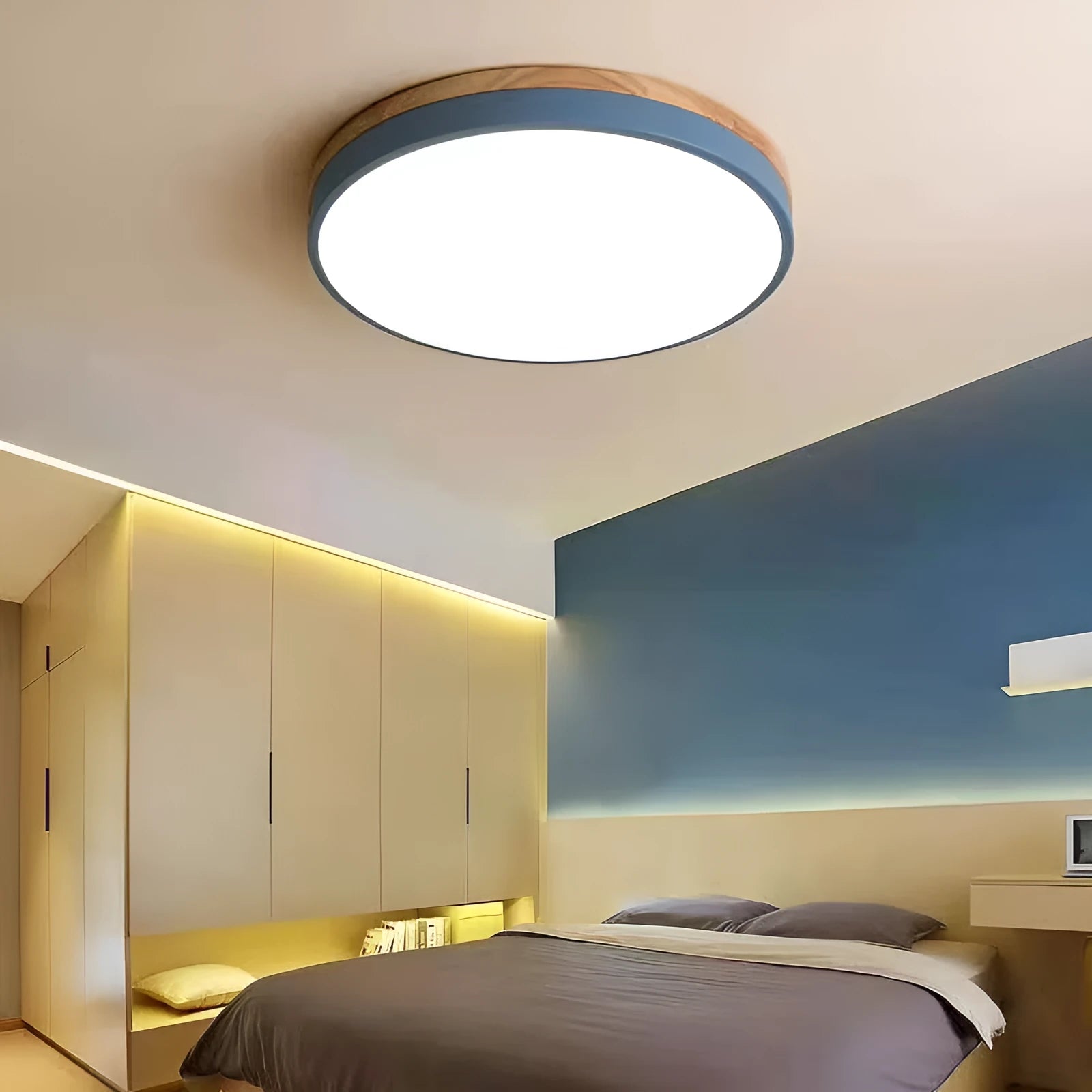 Round Nordic macaron ceiling light with wooden base, 60cm diameter, in multiple colour options